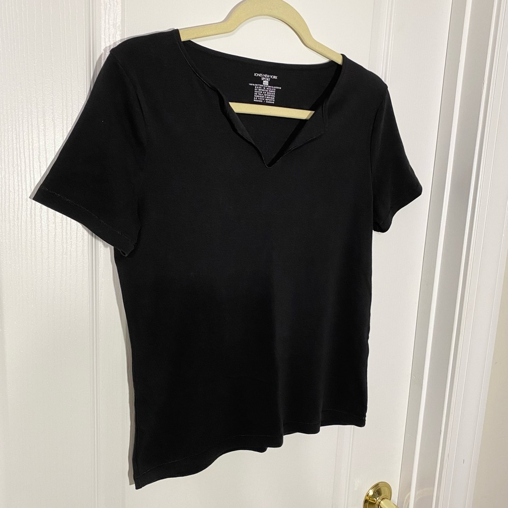 Y2K VTG Jones NY Cropped Split Neck Ribbed Knit Short Sleeve Tee Black Sz Small